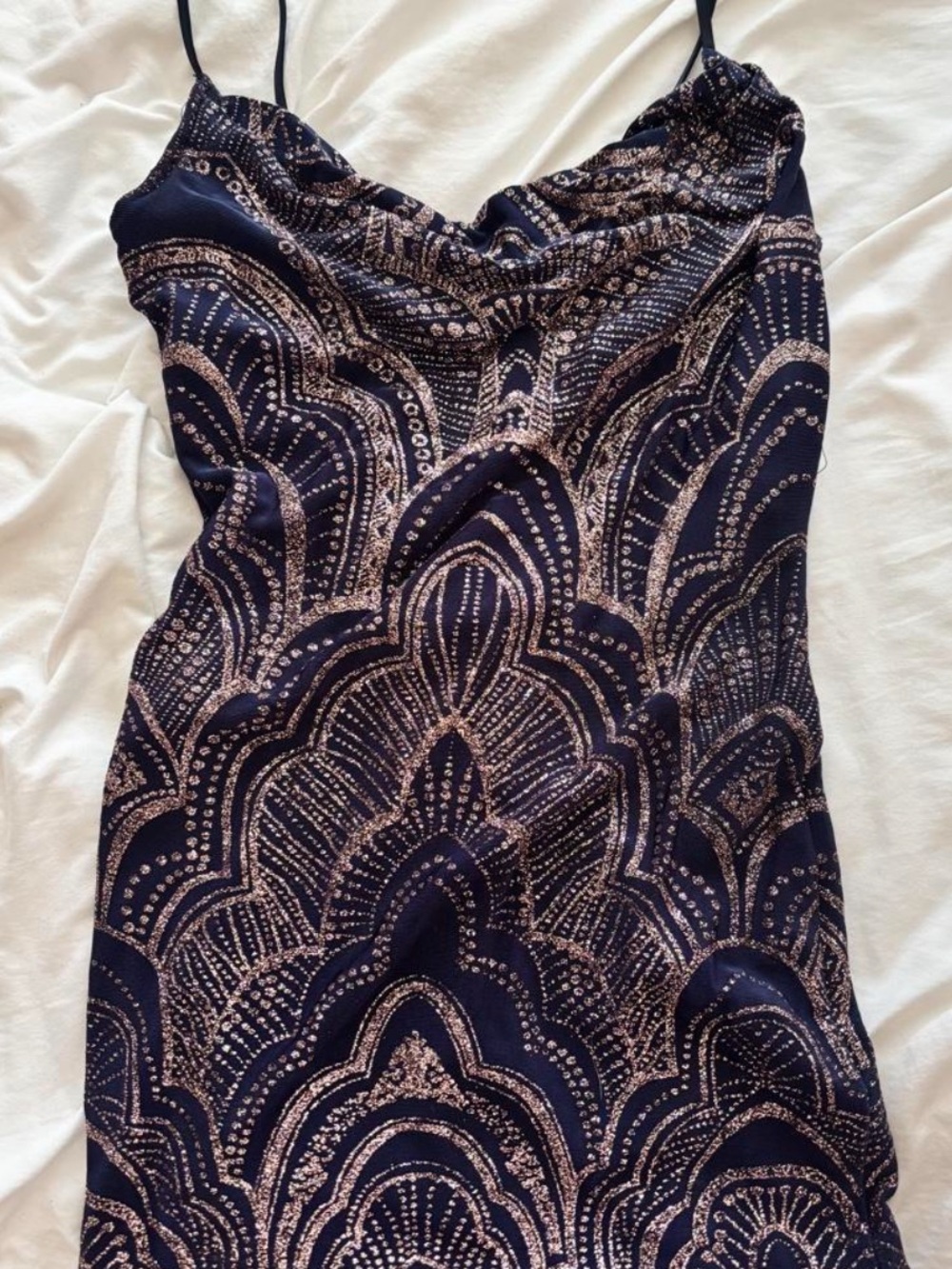 Navy Slip Dress with Rose Gold Art Deco Sequin Pattern
